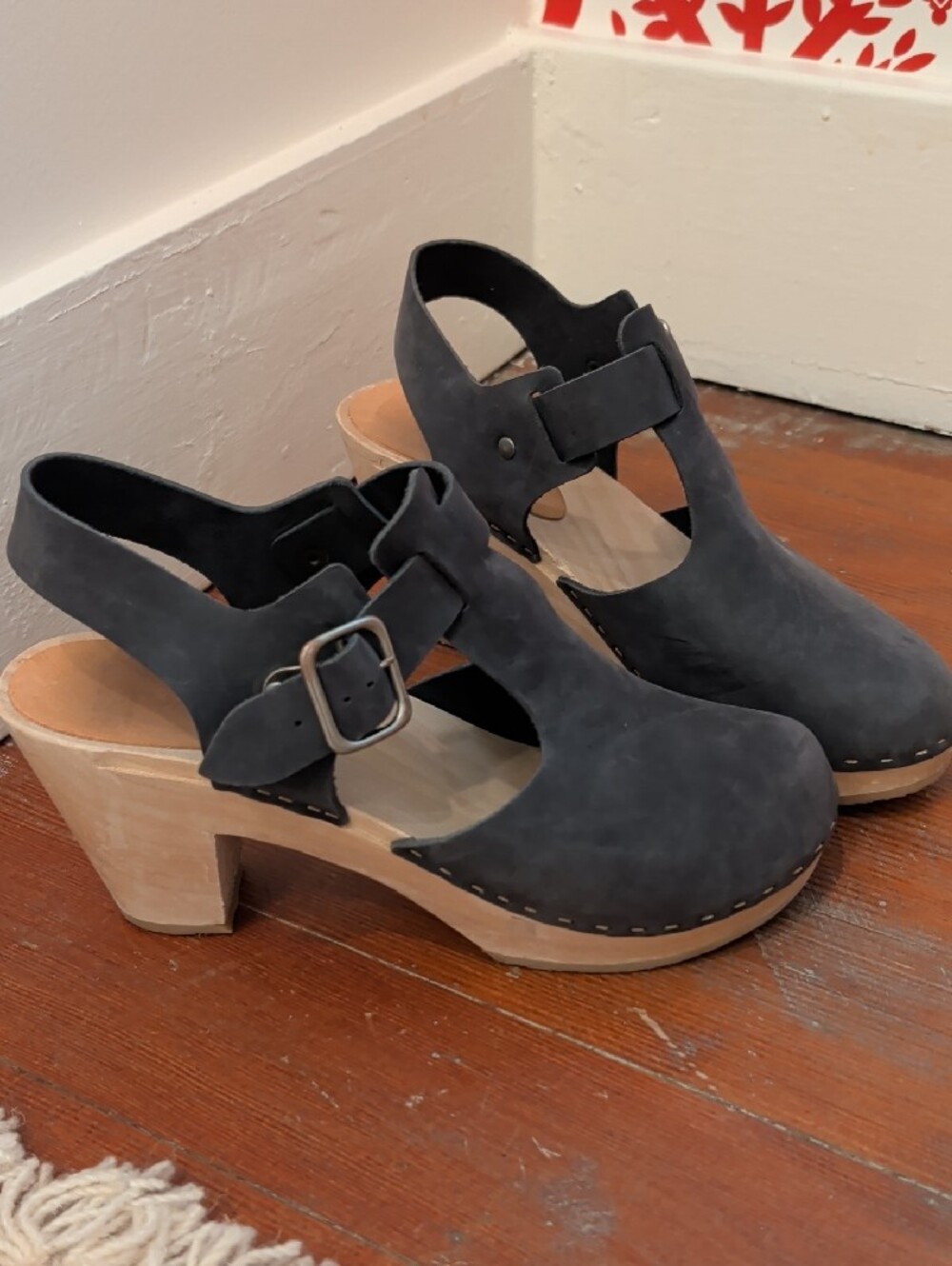 Bryr Grey Suede T-bar Clog with Buckle